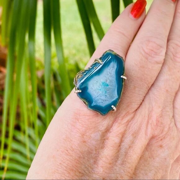 Marine Blue Agate Geode Sterling Silver Ring Size 6 - Picture 5 of 12